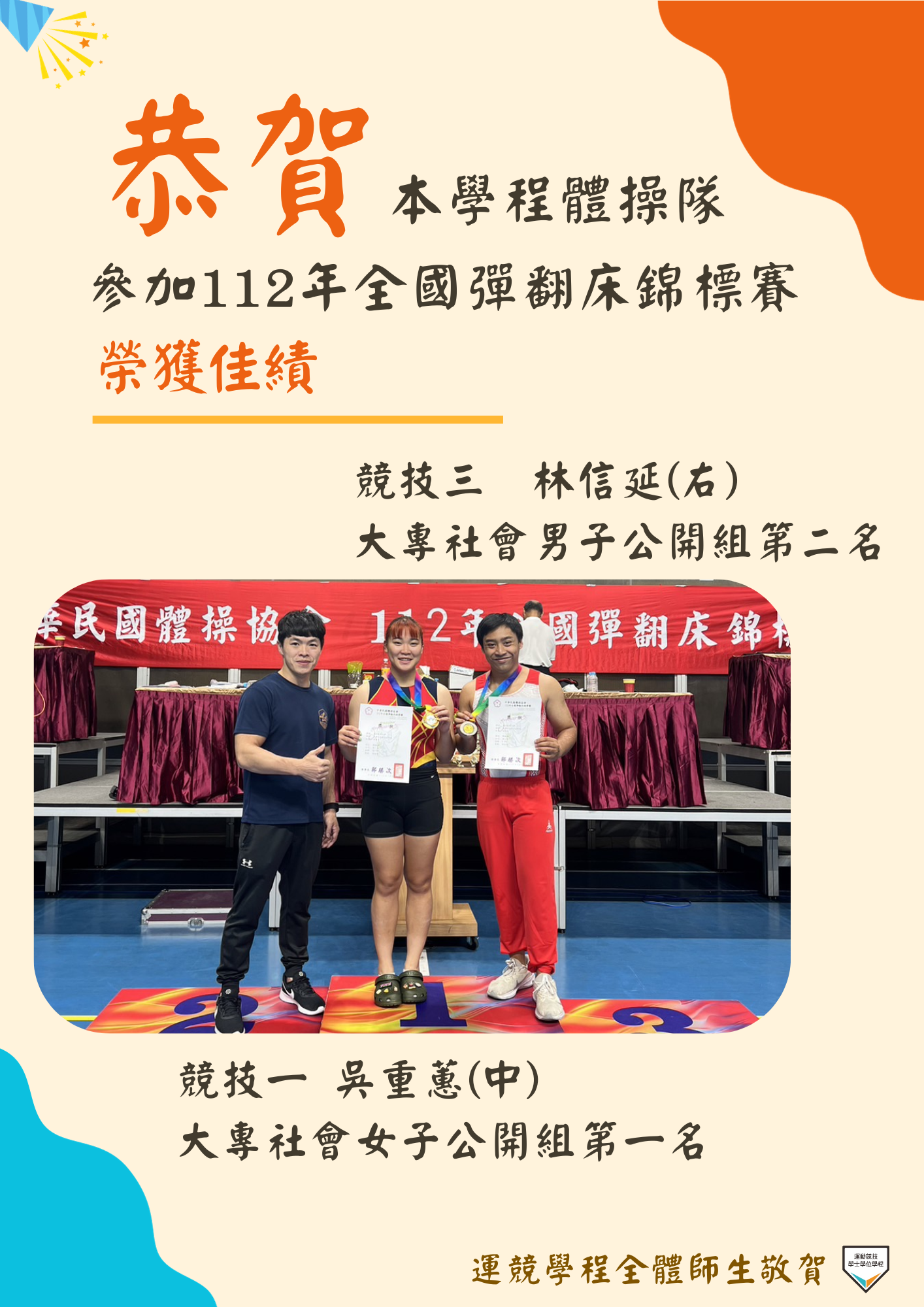 【榮譽榜】恭賀本學程體操隊學生參加112年全國彈翻床錦標賽榮獲佳績!