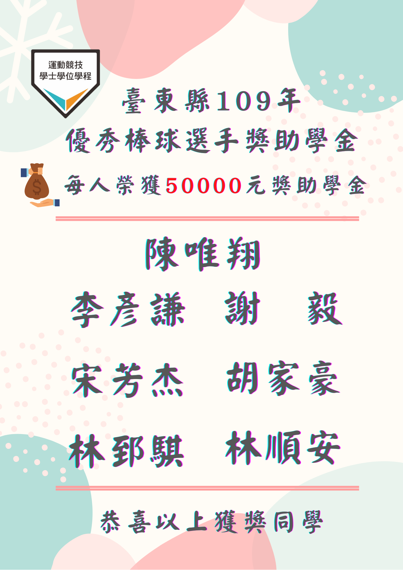 109－１優秀棒球選手獎助學金